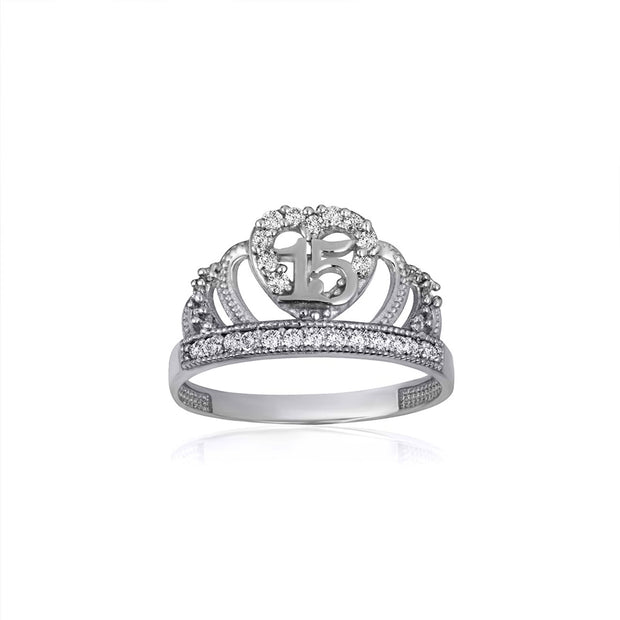 .925 Sterling Silver Cubic Zirconia Heart Crown 15 Años Quinceañera Milgrain Ring