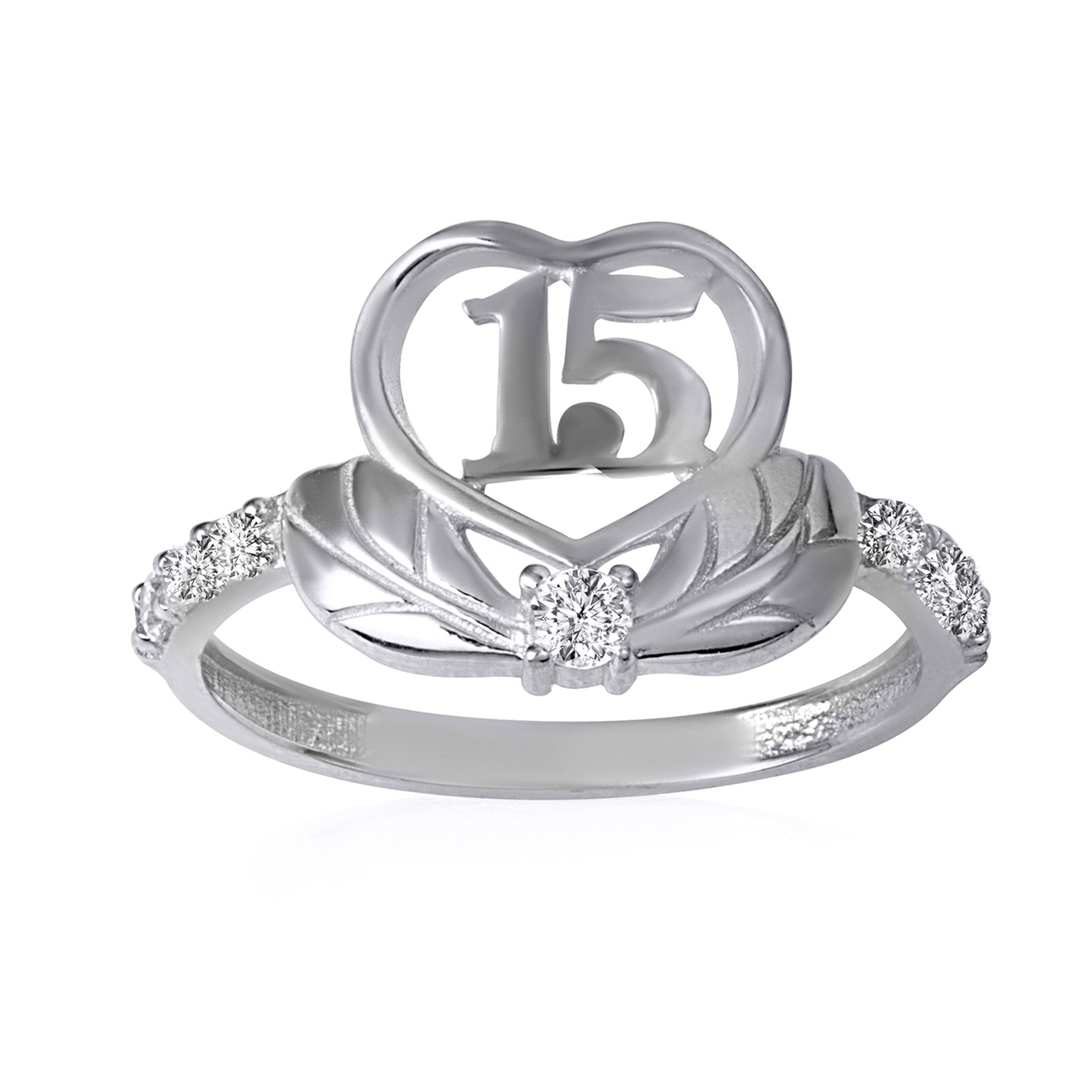 .925 Sterling Silver Cubic Zirconia 15 Años Heart Quinceañera Ring
