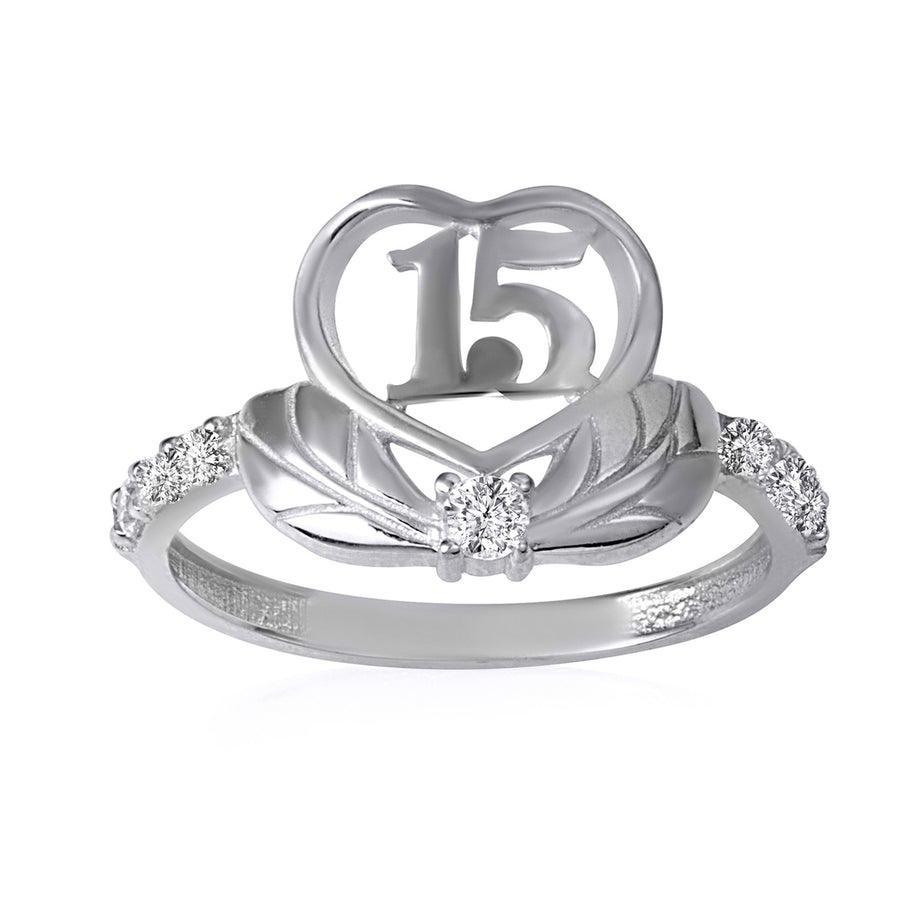 .925 Sterling Silver Cubic Zirconia 15 Años Heart Quinceañera Ring