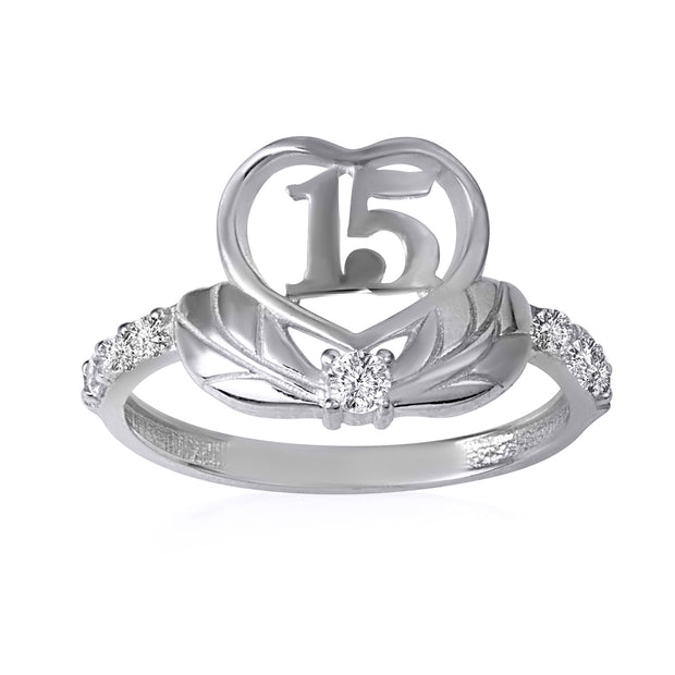 .925 Sterling Silver Cubic Zirconia 15 Años Heart Quinceañera Ring