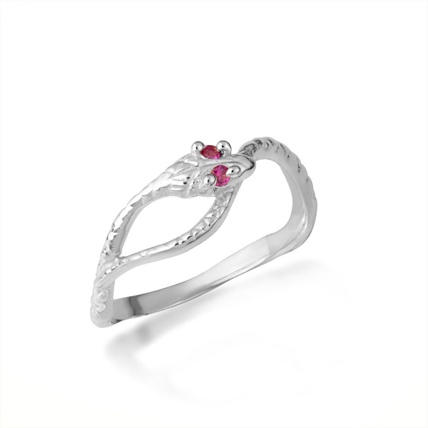 .925 Sterling Silver Textured Serpent Snake Ruby Birthstone Ring