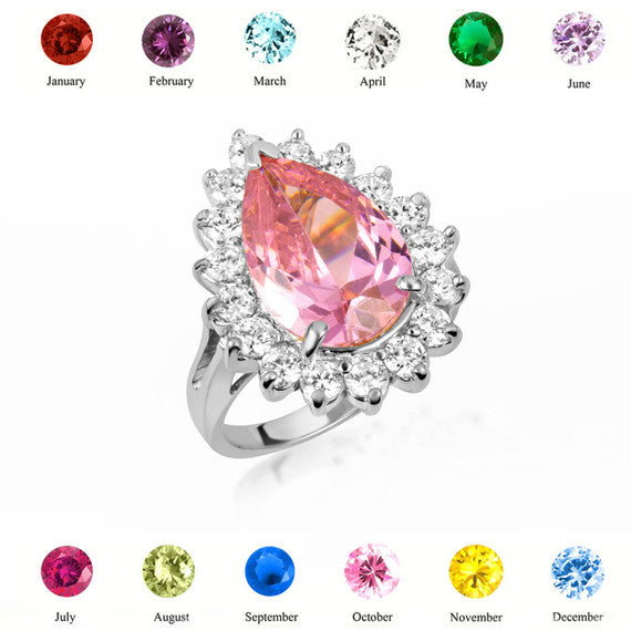 .925 Sterling Silver Pear Cut Gemstone Halo Ring