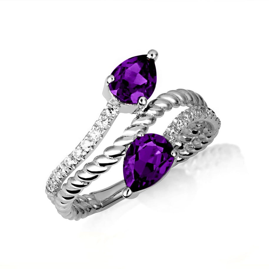.925 Sterling Silver Pear Cut Double Gemstone Wrap Around Roped Band Ring