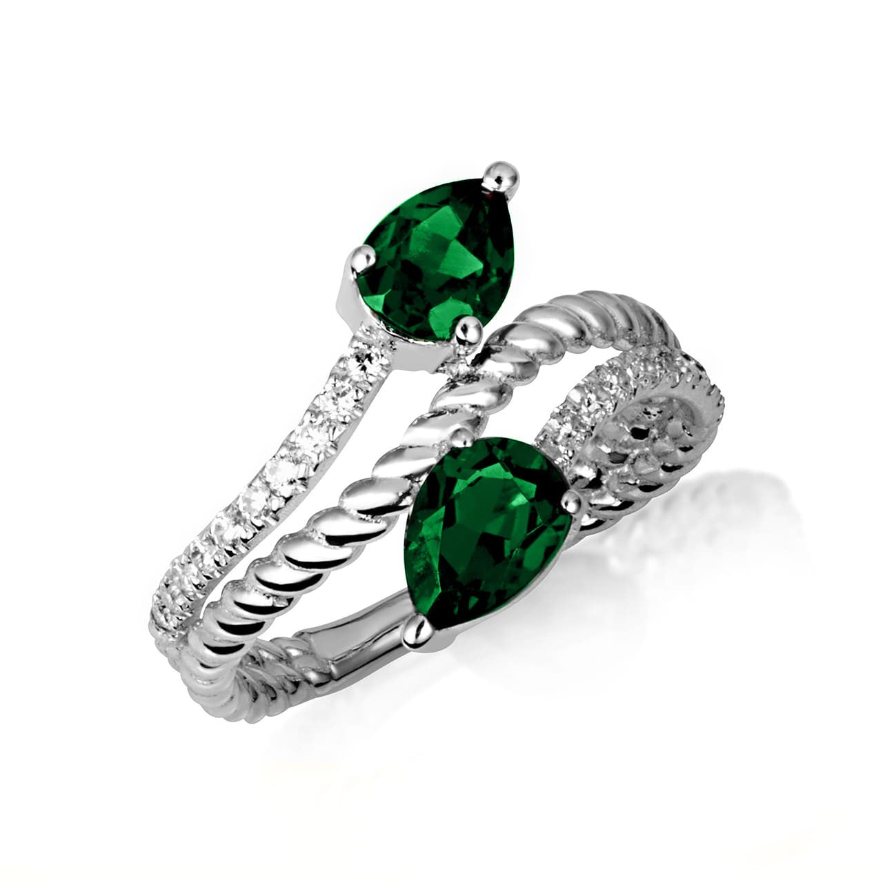 .925 Sterling Silver Pear Cut Double Gemstone Wrap Around Roped Band Ring