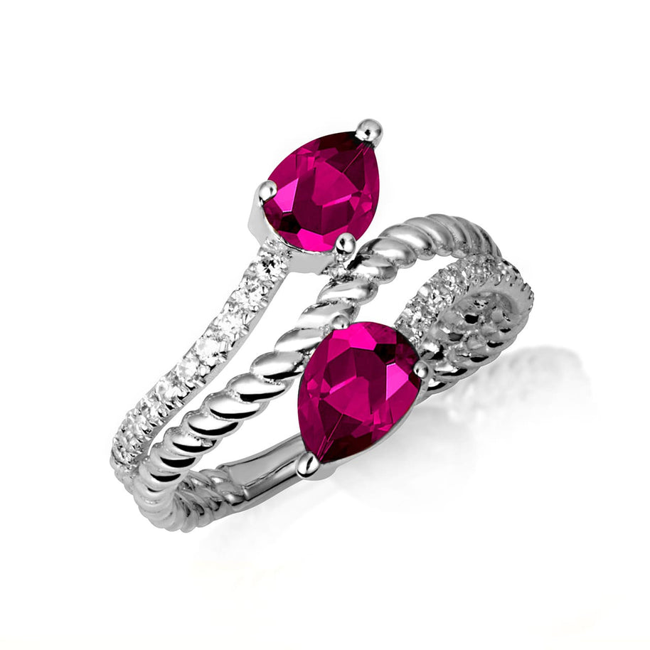 .925 Sterling Silver Pear Cut Double Gemstone Wrap Around Roped Band Ring