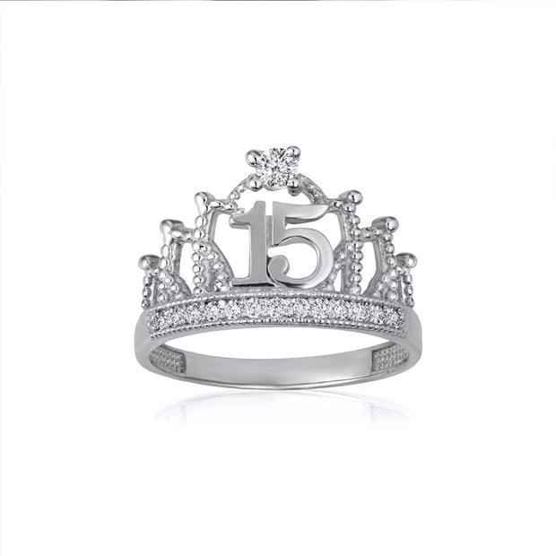 .925 Sterling Silver Cubic Zirconia Crown 15 Años Quinceañera Ring
