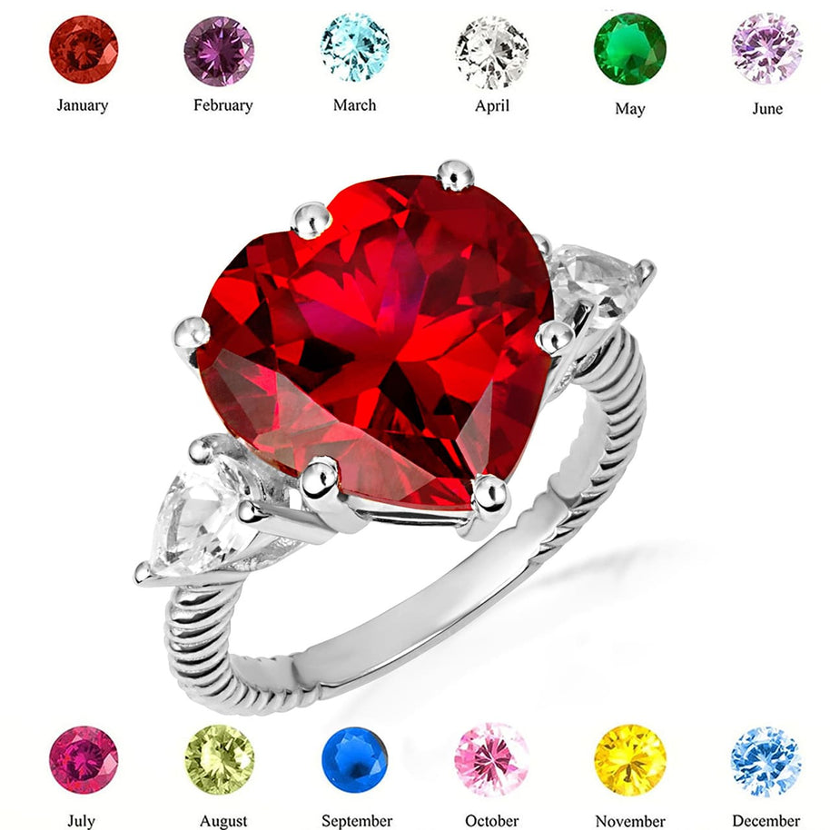 .925 Sterling Silver Heart Gemstone Rope Band Ring