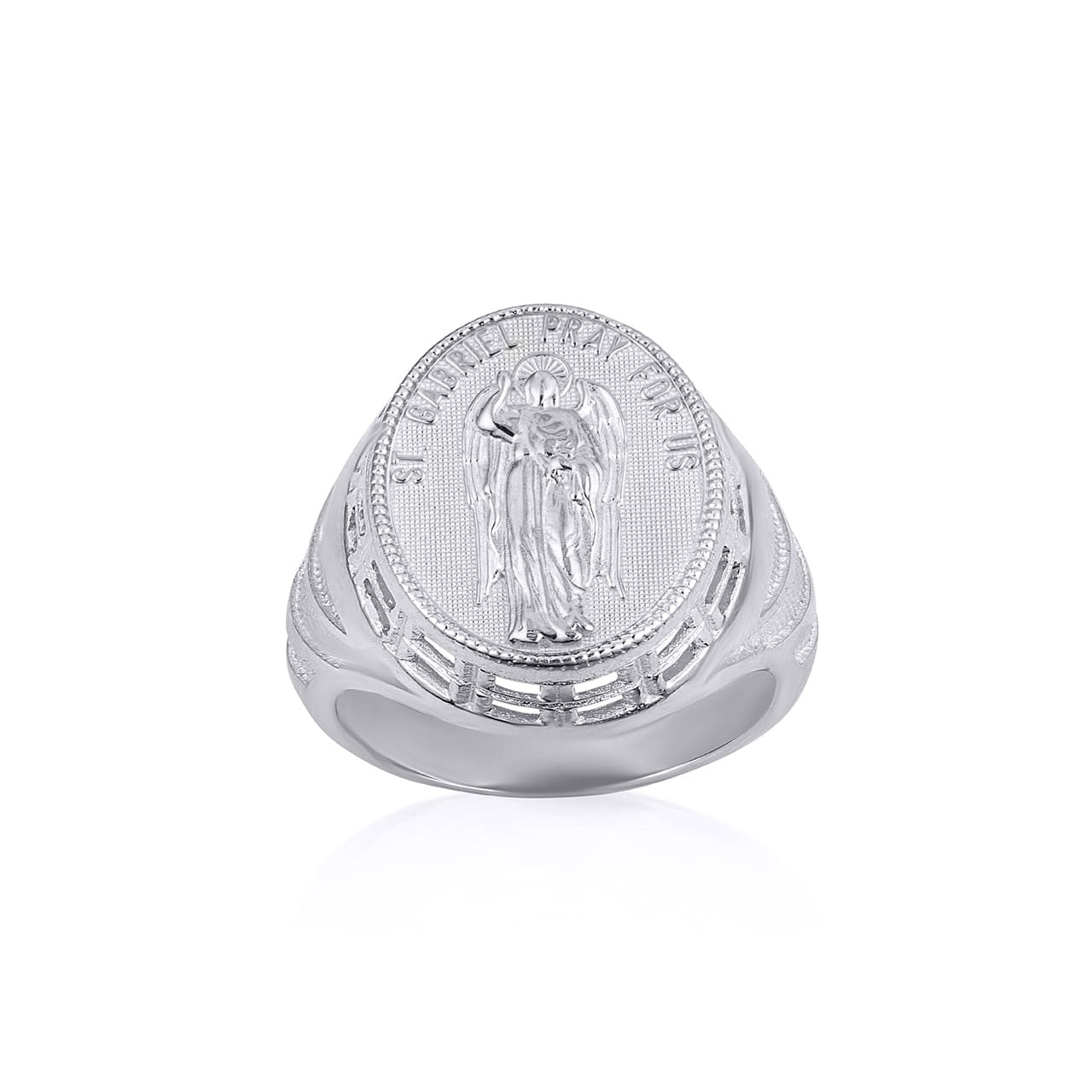 .925 Sterling Silver Religious Patron Saint Gabriel Archangel Beaded Oval Signet Ring