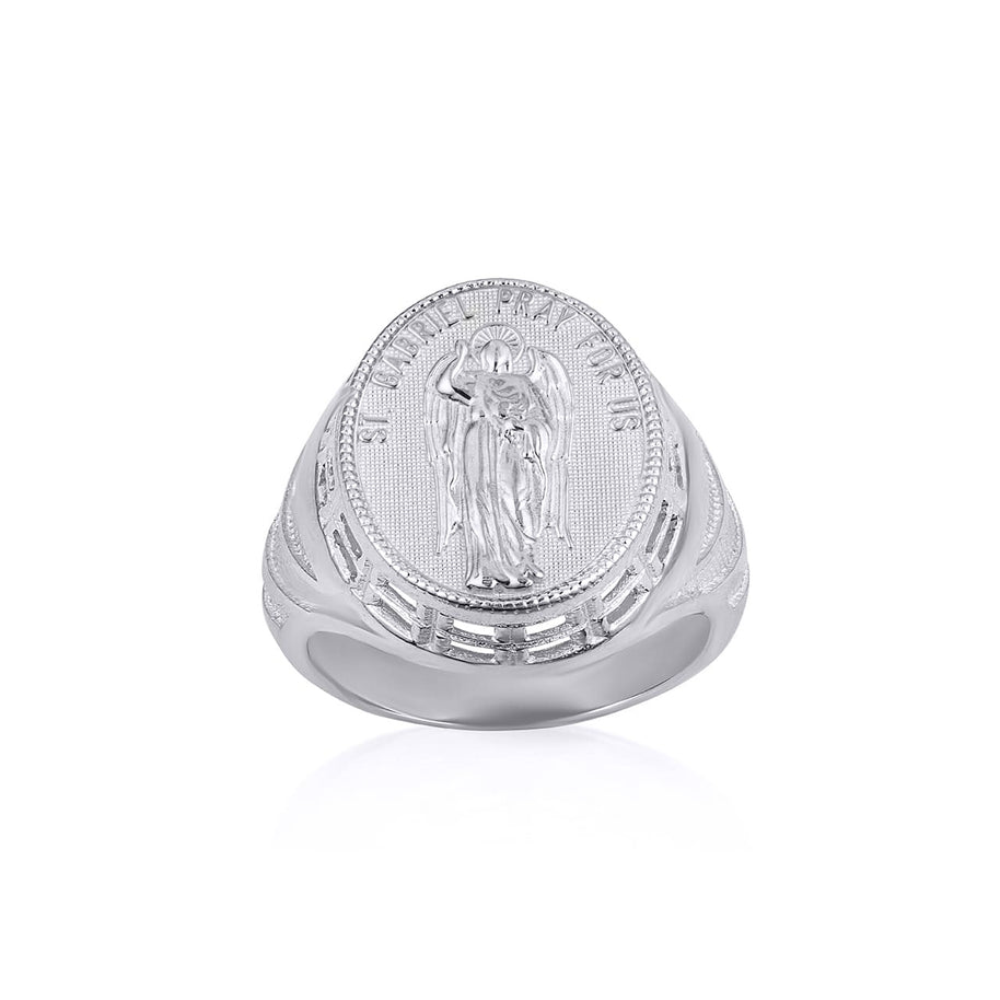 .925 Sterling Silver Religious Patron Saint Gabriel Archangel Beaded Oval Signet Ring