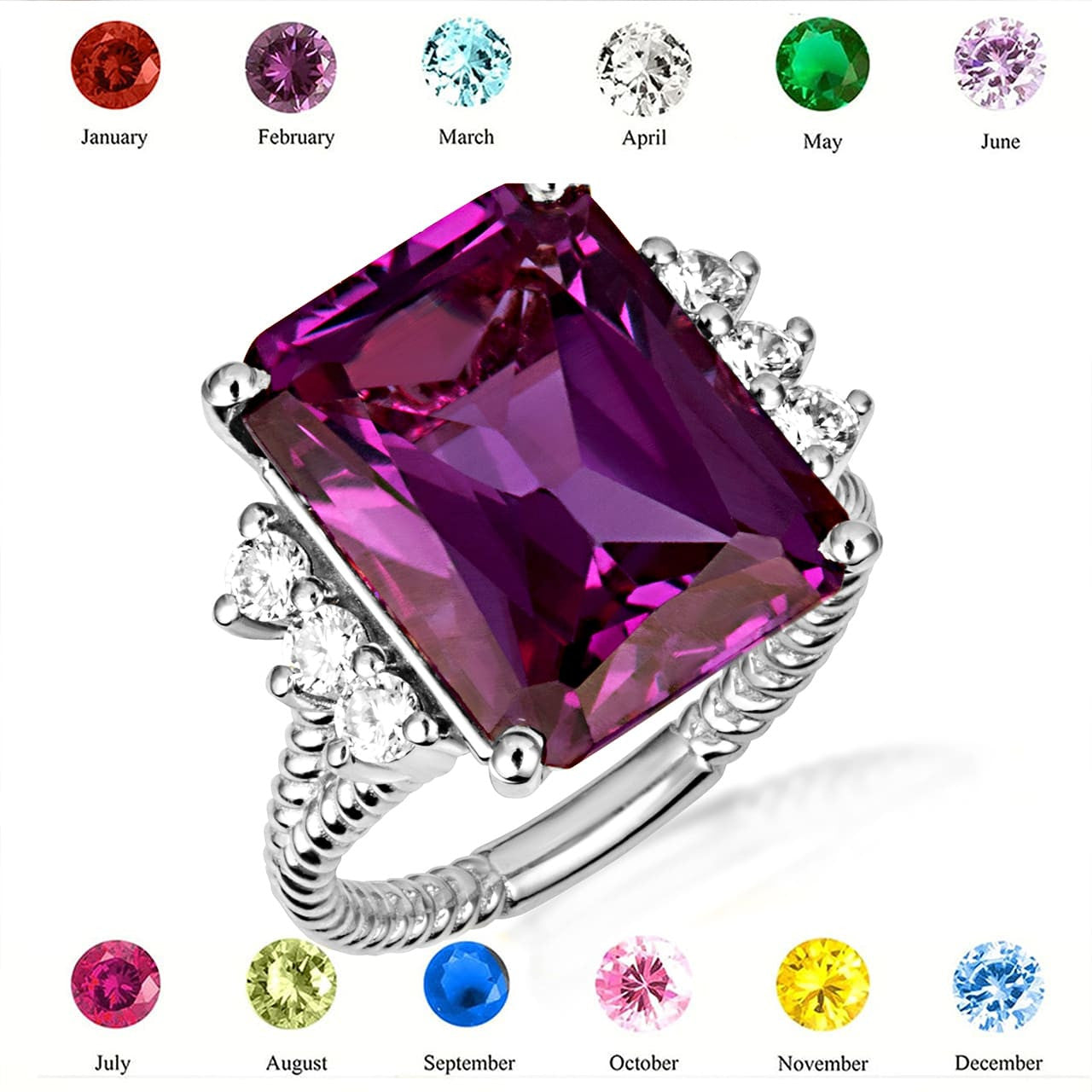 .925 Sterling Silver Emerald Cut Gemstone Rope Band Ring