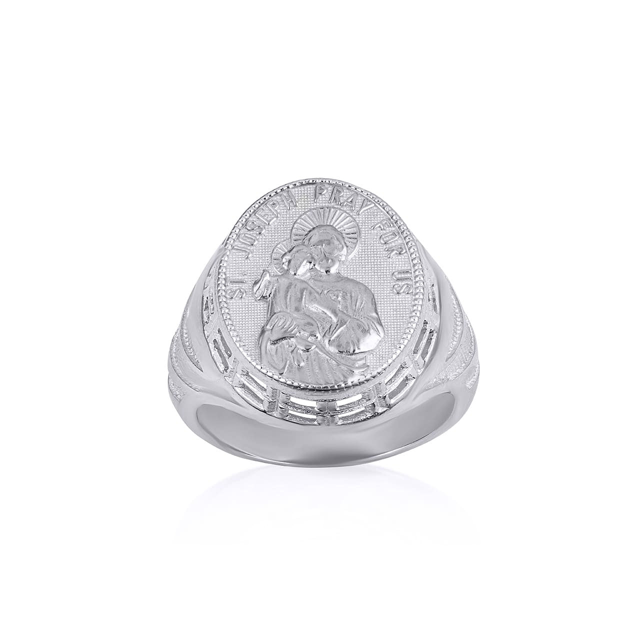 .925 Sterling Silver Religious Patron Saint Joseph Baby Jesus Beaded Oval Signet Ring