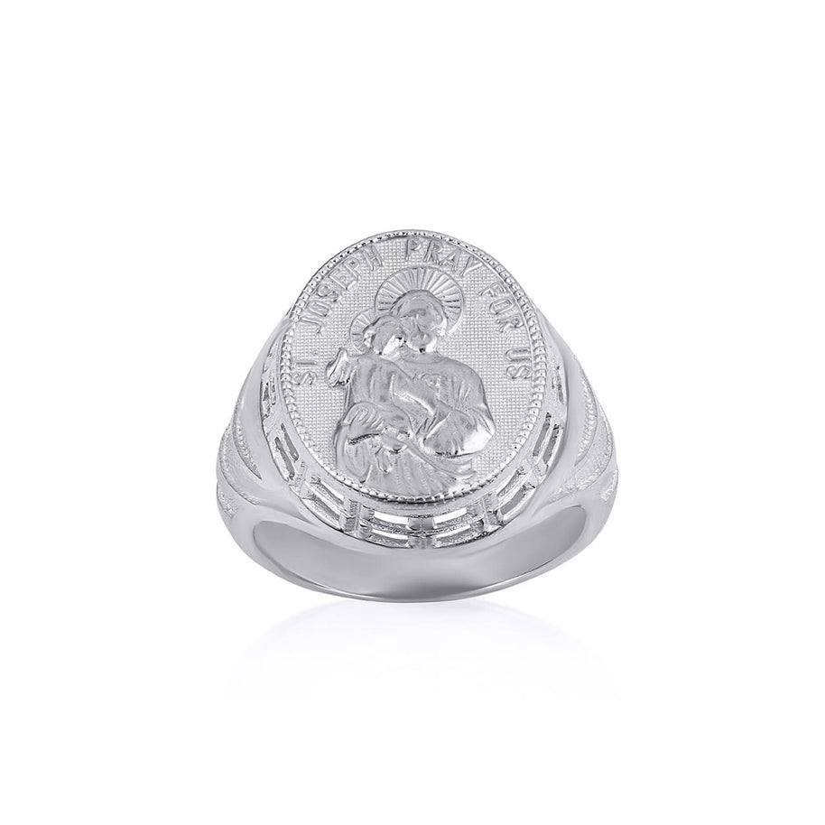 .925 Sterling Silver Religious Patron Saint Joseph Baby Jesus Beaded Oval Signet Ring