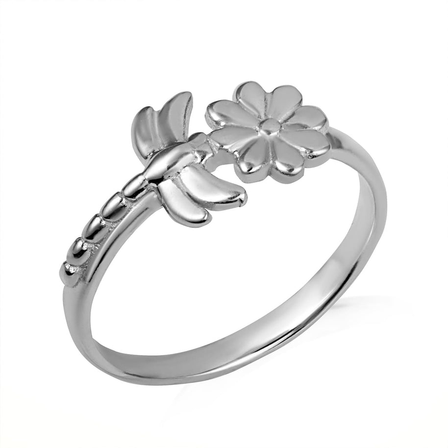 Gold Dragonfly Daisy Flower Nature Ring (Available in Yellow/Rose/White Gold)