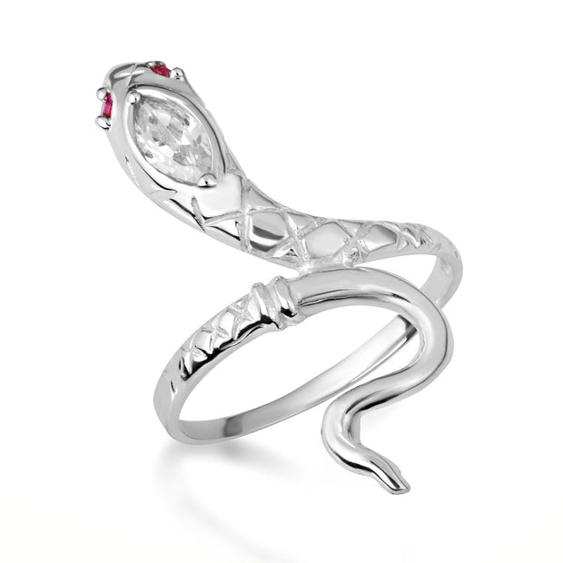 .925 Sterling Silver Cubic Zirconia Textured Snake Ruby Birthstone Ring
