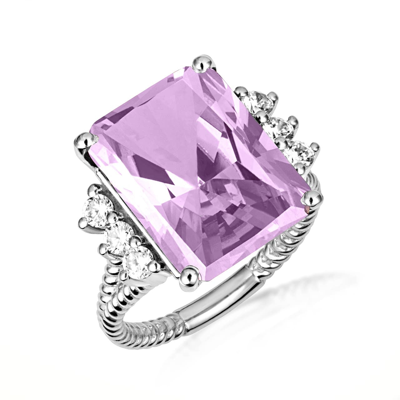 .925 Sterling Silver Emerald Cut Gemstone Rope Band Ring