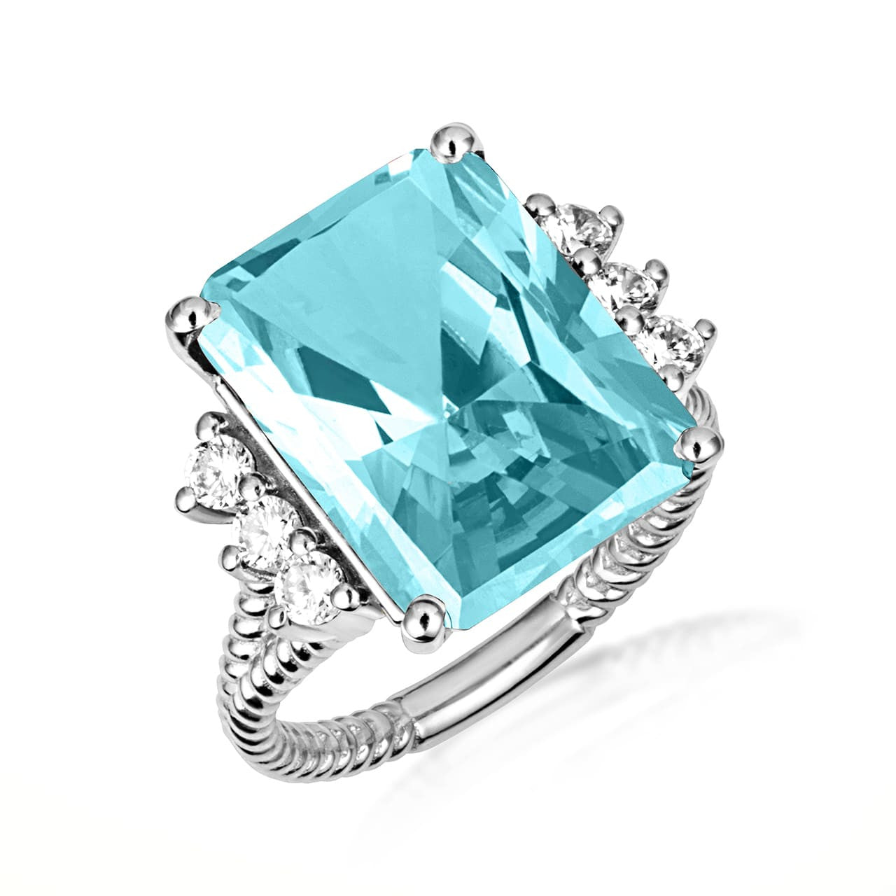 .925 Sterling Silver Emerald Cut Gemstone Rope Band Ring