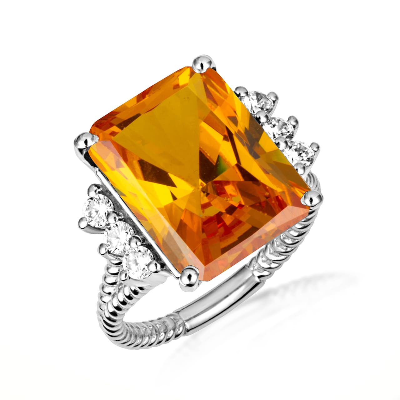 .925 Sterling Silver Emerald Cut Gemstone Rope Band Ring