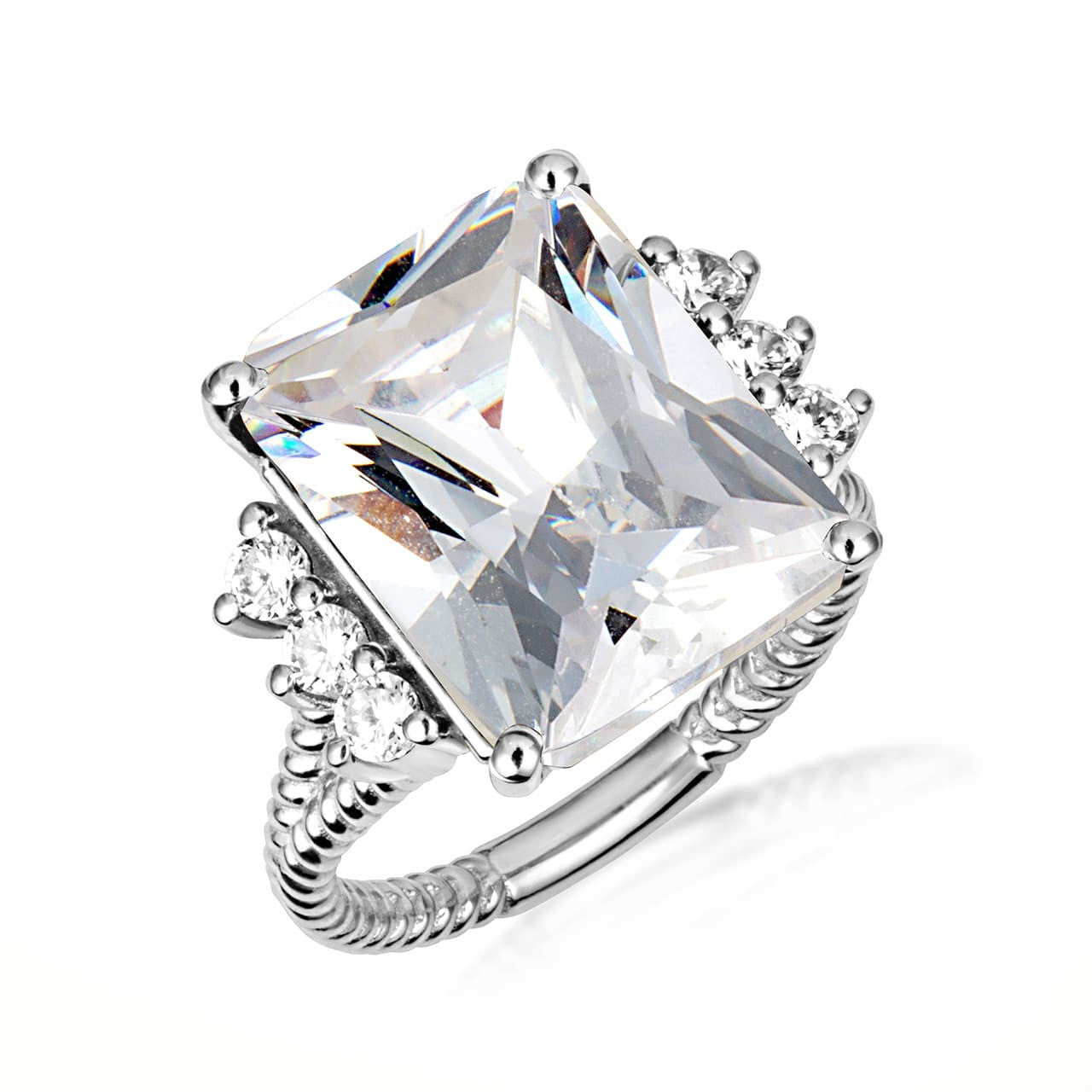 .925 Sterling Silver Emerald Cut Gemstone Rope Band Ring