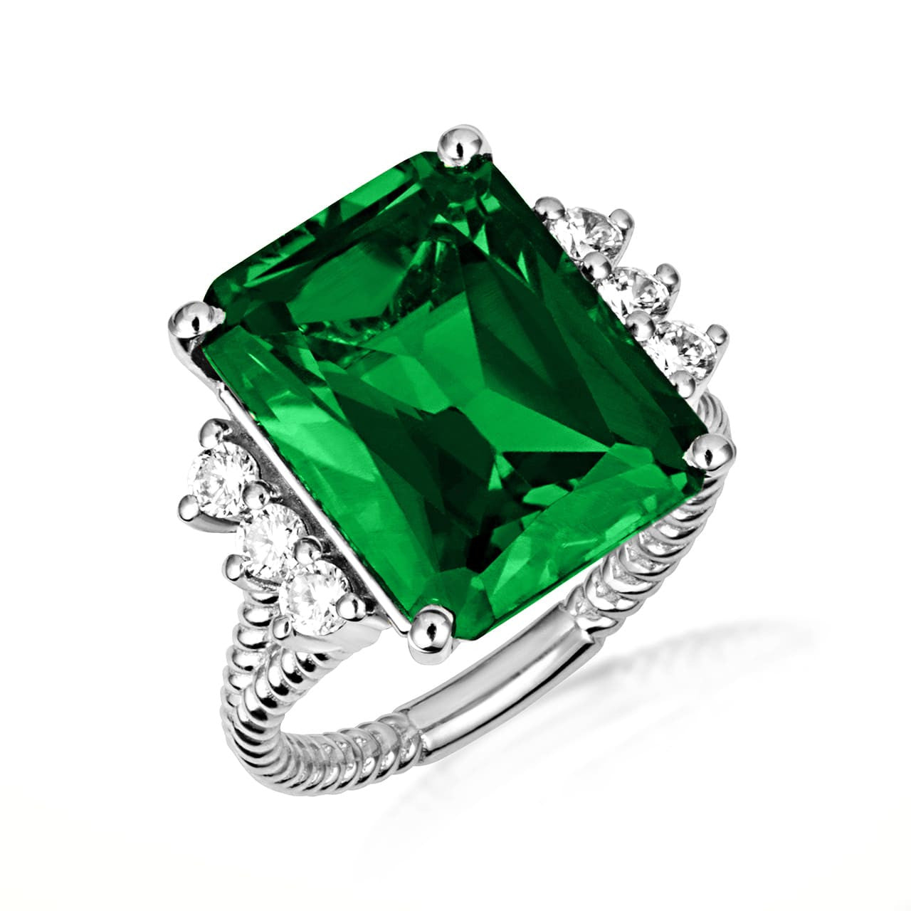 .925 Sterling Silver Emerald Cut Gemstone Rope Band Ring