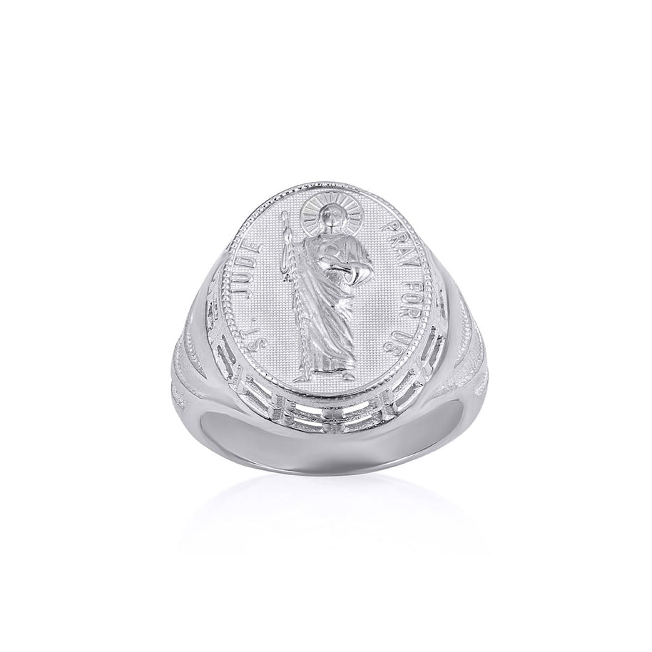 .925 Sterling Silver Religious Patron Saint Jude Beaded Oval Signet Ring