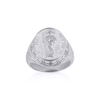 .925 Sterling Silver Religious Patron Saint Jude Beaded Oval Signet Ring