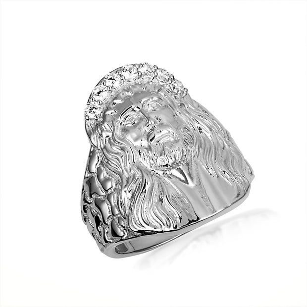 .925 Sterling Silver Cubic Zirconia Jesus Christ Crown of Thorns Nugget Ring (Available in Small/Large)