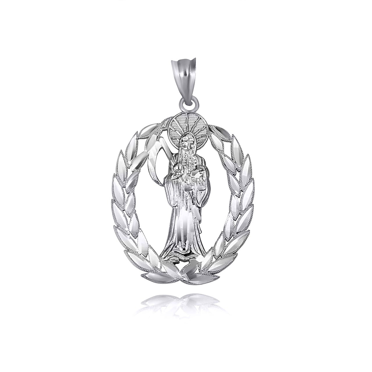 Gold Santa Muerte Greek Laurel Wreath Frame Pendant Necklace (Available in Yellow/Rose/White Gold)