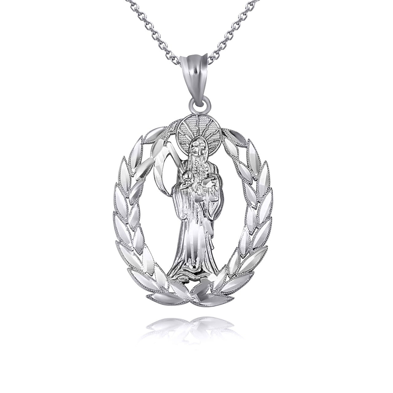 925 Sterling Silver Santa Muerte Greek Laurel Wreath Frame Pendant Necklace