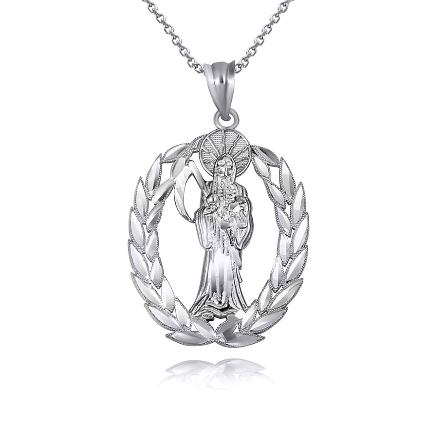 925 Sterling Silver Santa Muerte Greek Laurel Wreath Frame Pendant Necklace