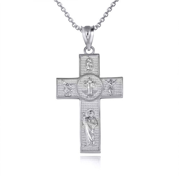 .925 Sterling Silver Religious Patron Saints Beaded Cross Pendant Necklace