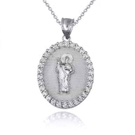 .925 Sterling Silver Saint Jude Cubic Zirconia Oval Halo Beaded Medallion Pendant Necklace