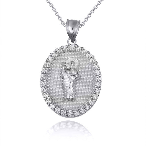 .925 Sterling Silver Saint Jude Cubic Zirconia Oval Halo Beaded Medallion Pendant Necklace