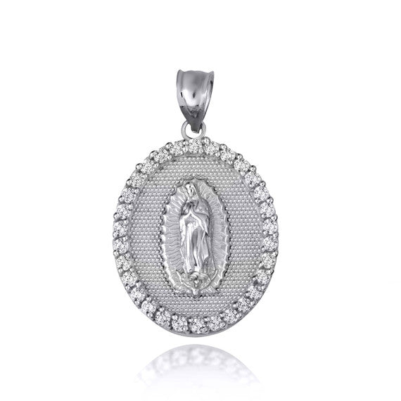 .925 Sterling Silver Lady Of Guadalupe Cubic Zirconia Oval Halo Beaded Medallion Pendant Necklace