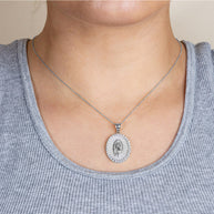 .925 Sterling Silver Lady Of Guadalupe Cubic Zirconia Oval Halo Beaded Medallion Pendant Necklace