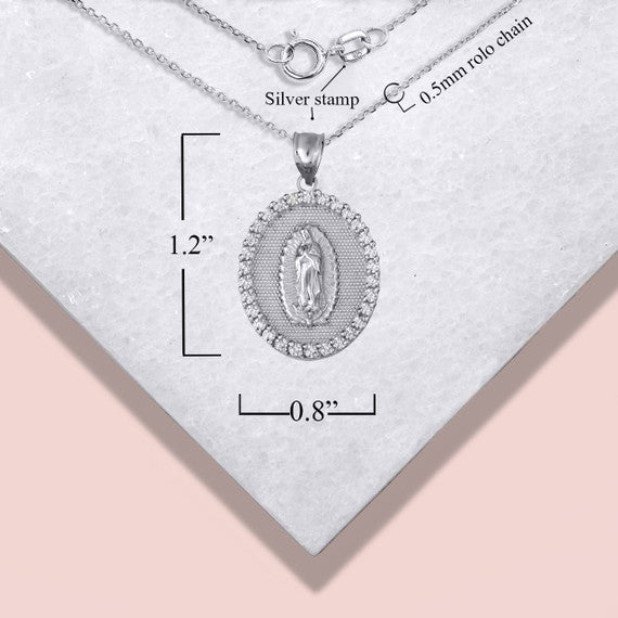 .925 Sterling Silver Lady Of Guadalupe Cubic Zirconia Oval Halo Beaded Medallion Pendant Necklace