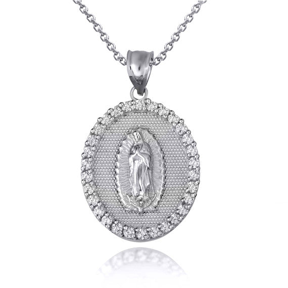 Solid Gold Two-Tone Lady Of Guadalupe Cubic Zirconia Oval Halo Beaded Medallion Pendant Necklace (Available in Yellow/Rose/White Gold)