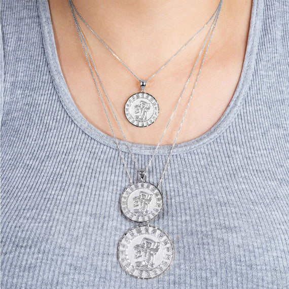 .925 Sterling Silver Diamond Cut Ancient Aztec Mayan Sun Calendar Deity Pendant Necklace (Available in Small/Medium/Large)