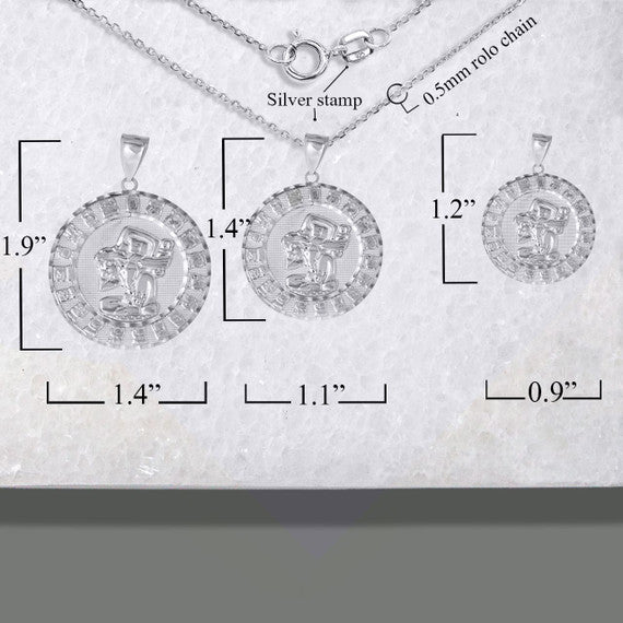 .925 Sterling Silver Diamond Cut Ancient Aztec Mayan Sun Calendar Deity Pendant Necklace (Available in Small/Medium/Large)
