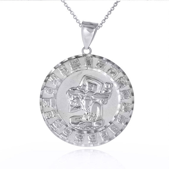 .925 Sterling Silver Diamond Cut Ancient Aztec Mayan Sun Calendar Deity Pendant Necklace (Available in Small/Medium/Large)