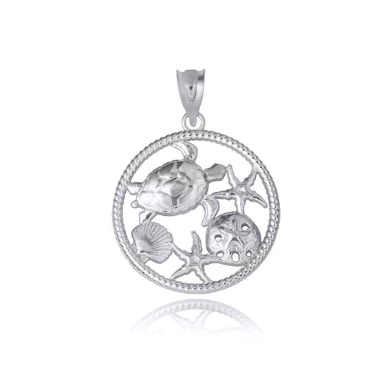 Gold Sea Shell Turtle & Starfish Marine Life Rope Pendant Necklace (Available in Yellow/Rose/White Gold)