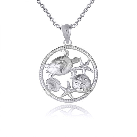.925 Sterling Silver Sea Shell Turtle & Starfish Marine Life Rope Pendant Necklace