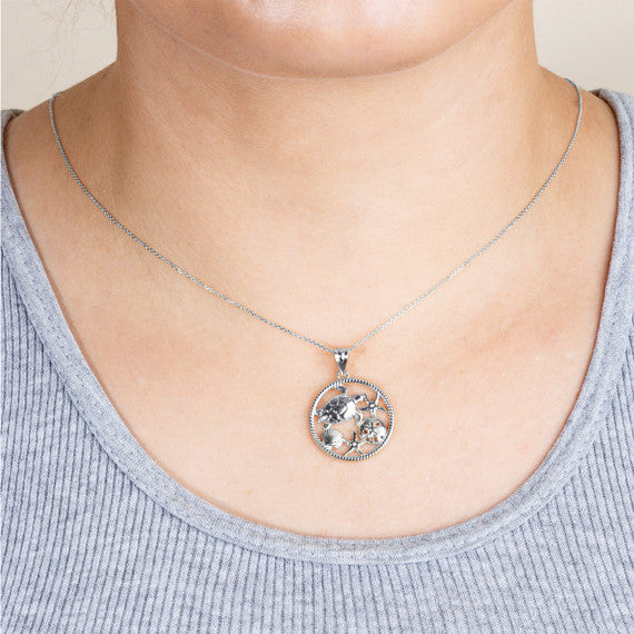 .925 Sterling Silver Sea Shell Turtle & Starfish Marine Life Rope Pendant Necklace