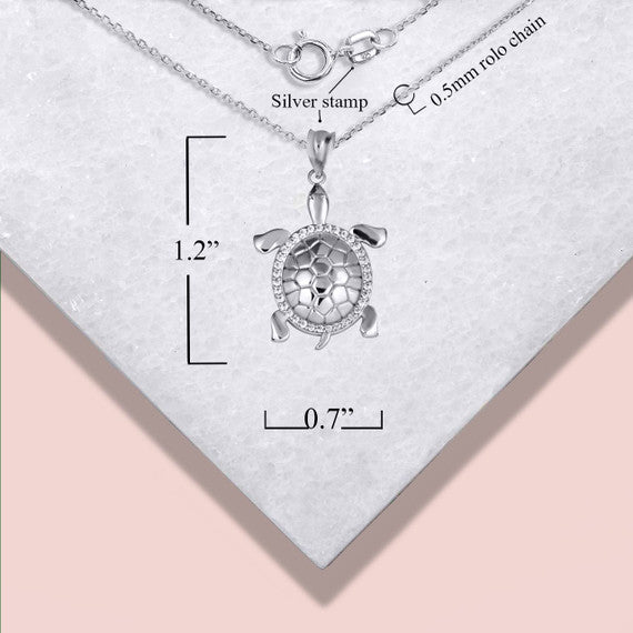 .925 Sterling Silver Marine Sea Turtle Cubic Zirconia Halo Pendant Necklace