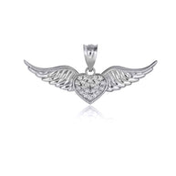 .925 Sterling Silver Studded Winged Heart Pendant Necklace