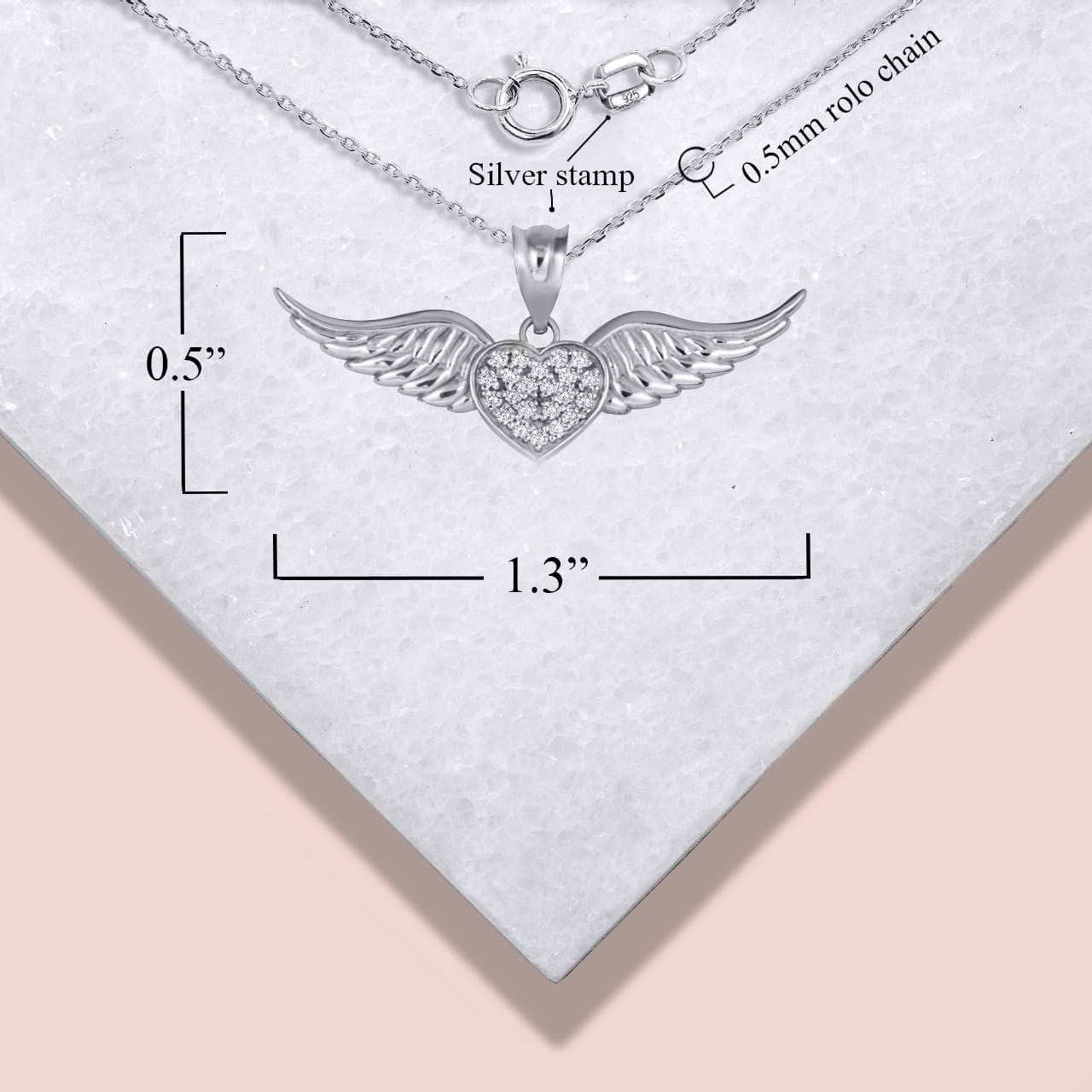 .925 Sterling Silver Studded Winged Heart Pendant Necklace