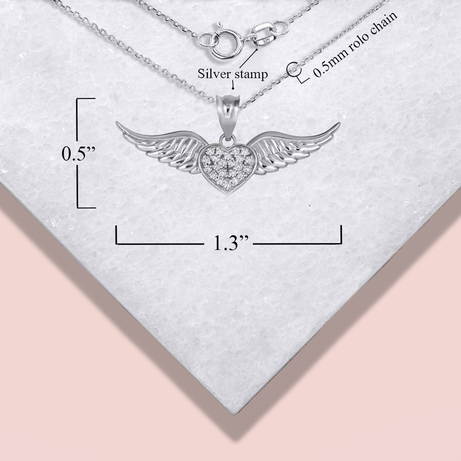 .925 Sterling Silver Studded Winged Heart Pendant Necklace