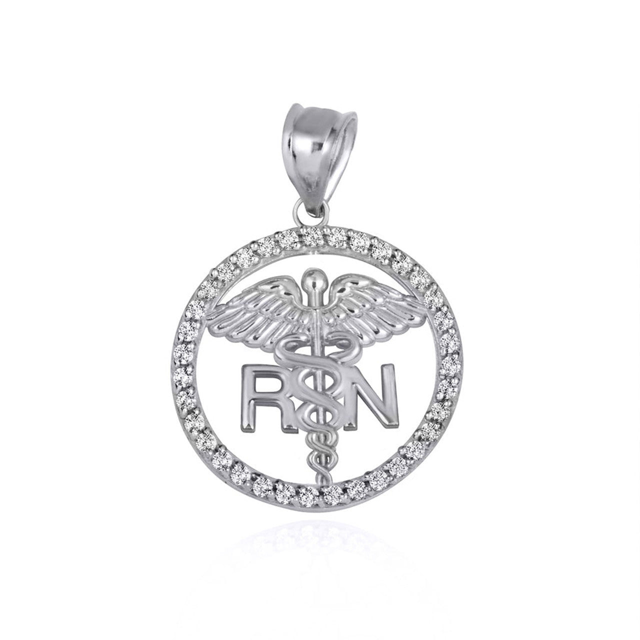 .925 Sterling Silver RN Registered Nurse Medical Caduceus Staff Cubic Zirconia Halo Pendant Necklace