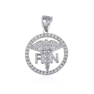 .925 Sterling Silver RN Registered Nurse Medical Caduceus Staff Cubic Zirconia Halo Pendant Necklace