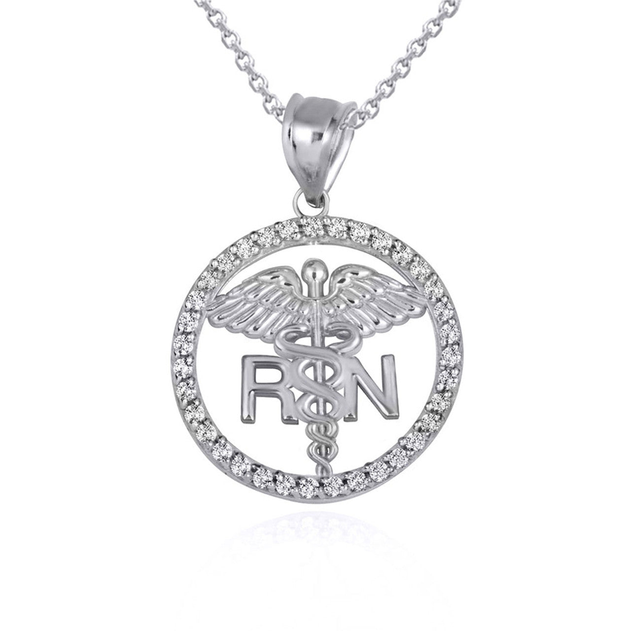 .925 Sterling Silver RN Registered Nurse Medical Caduceus Staff Cubic Zirconia Halo Pendant Necklace