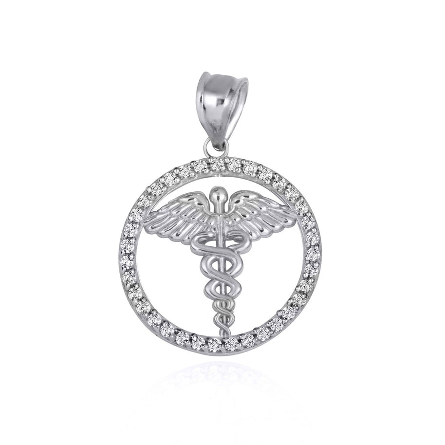 .925 Sterling Silver Medical Caduceus Staff Cubic Zirconia Halo Pendant Necklace